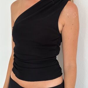 Black Mesh One-Shoulder Crop Top